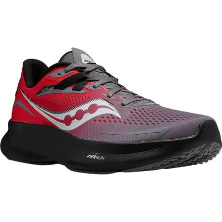 Men's Saucony Ride 15 in Charcoal/Red Sky (red on heel fading to charcoal on toe, charcoal laces, black midsole/outsole).  Front lateral view 