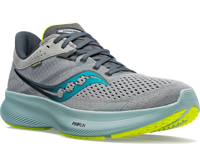 Men's Saucony Ride 16. Grey upper. Green midsole. Lateral view.