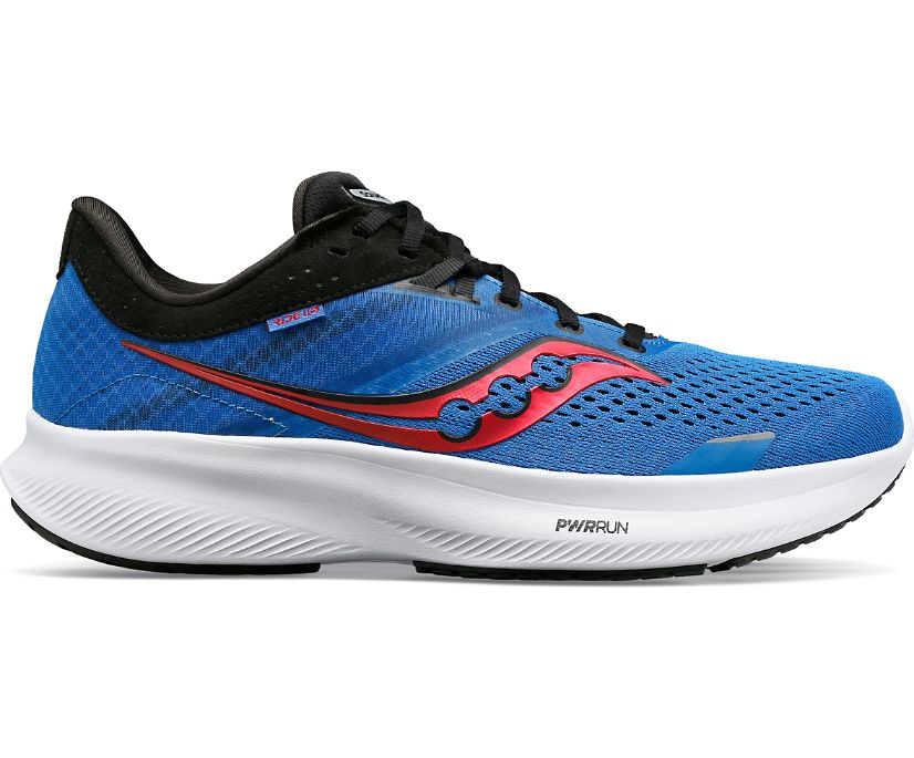 Men's Saucony Ride 16. Blue upper. White midsole. Lateral view.
