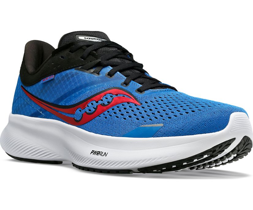 Men's Saucony Ride 16. Blue upper. White midsole. Lateral view.