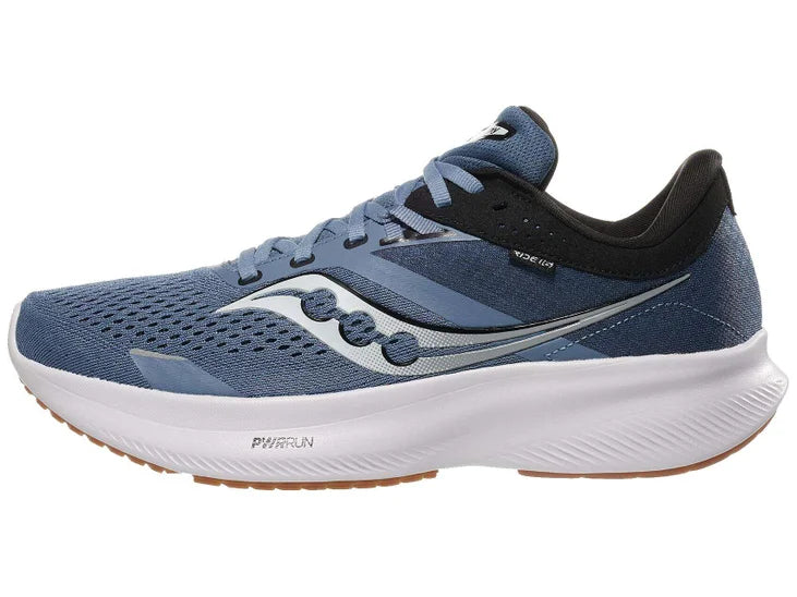 Men's Saucony Ride 16. Blue/Grey upper. White midsole. Lateral view.