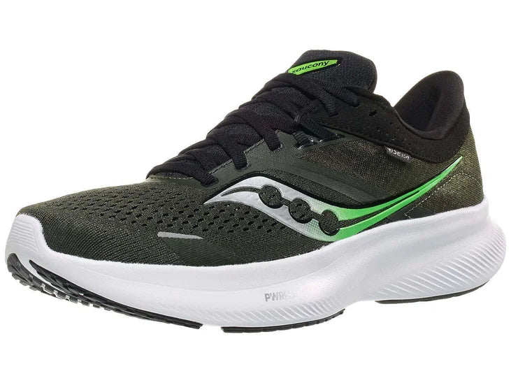 Men's Saucony Ride 16. Green upper. White midsole. Lateral view.