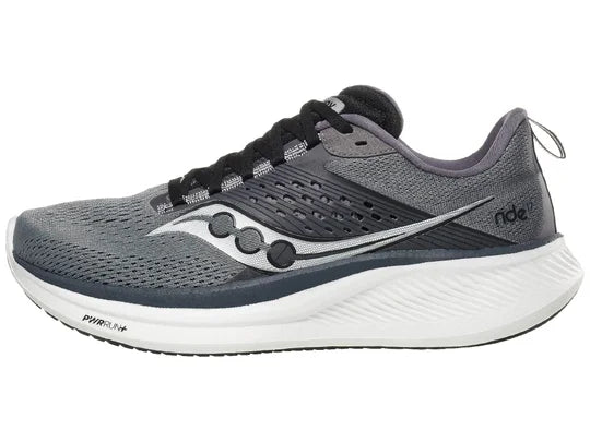 Men's Saucony Ride 17. Grey upper. White midsole. Lateral view.