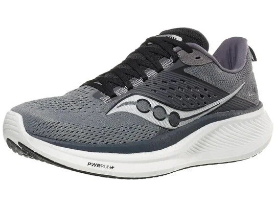 Men's Saucony Ride 17. Grey upper. White midsole. Lateral view.