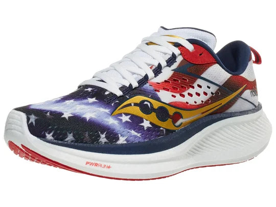 Men's Saucony Ride 17. USA Flag upper. White midsole. Lateral view.