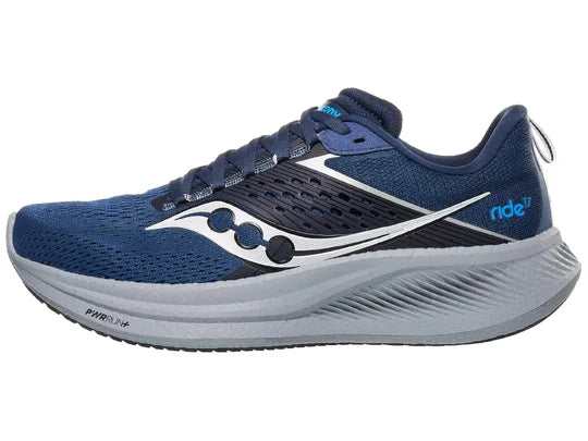Men's Saucony Ride 17. Blue upper. Grey midsole. Lateral view.