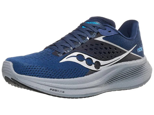 Men's Saucony Ride 17. Blue upper. Grey midsole. Lateral view.