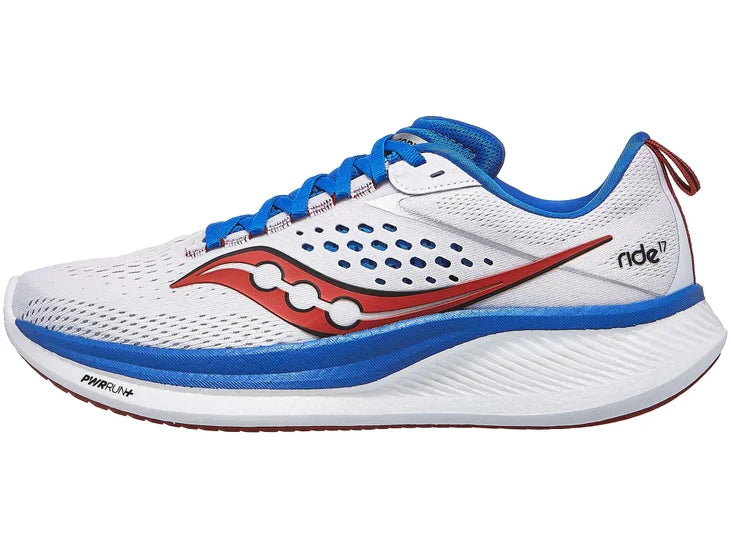 Men's Saucony Ride 17. White upper. White midsole. Lateral view.