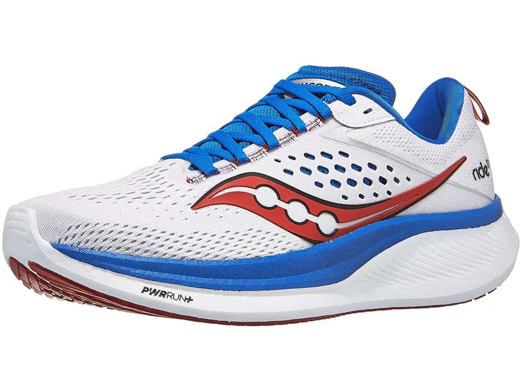 Men's Saucony Ride 17. White upper. White midsole. Lateral view.
