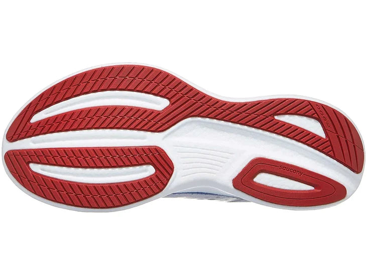 Men's Saucony Ride 17. White upper. White midsole. Bottom view.