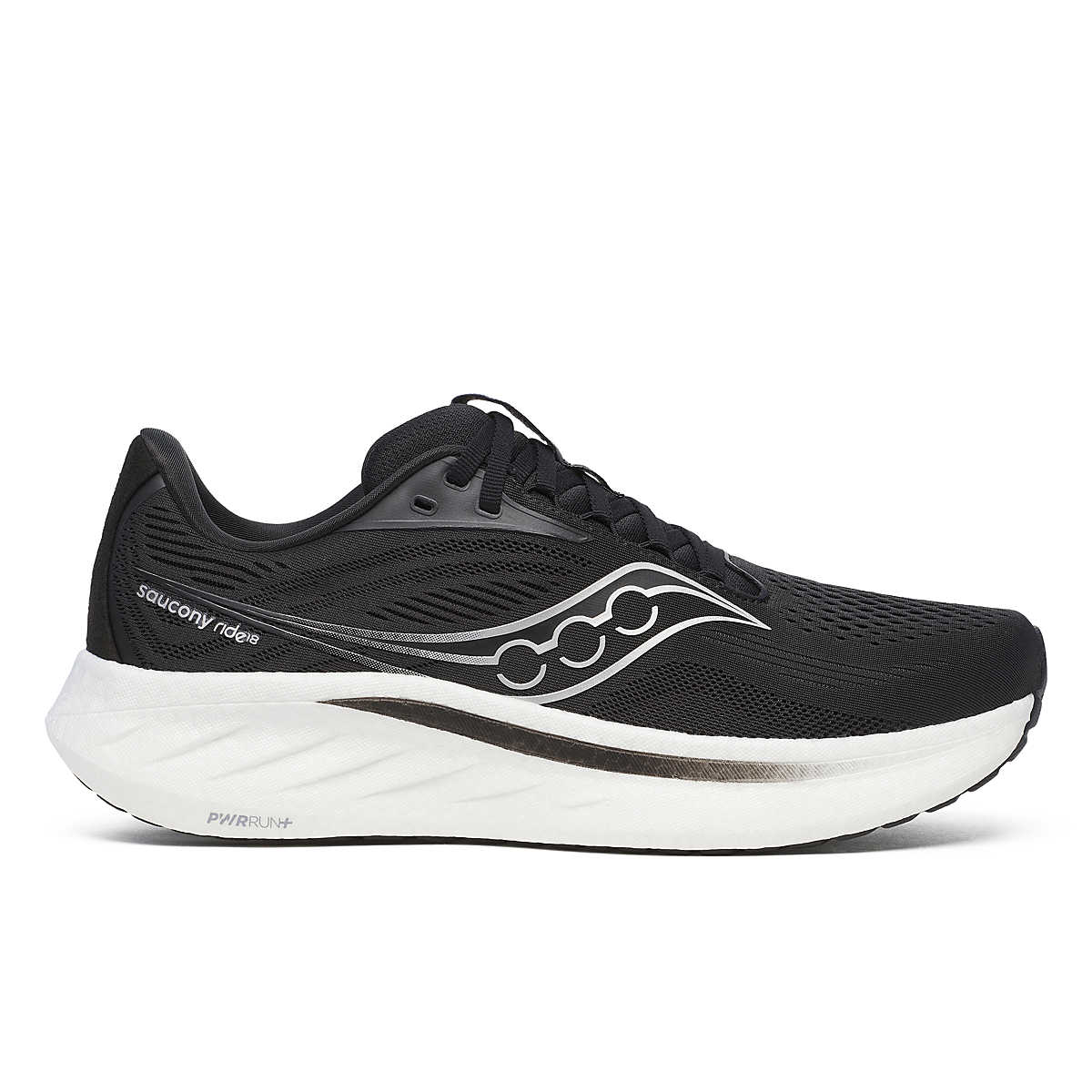 Men's Saucony Ride 18. Black upper. White midsole. Lateral view.