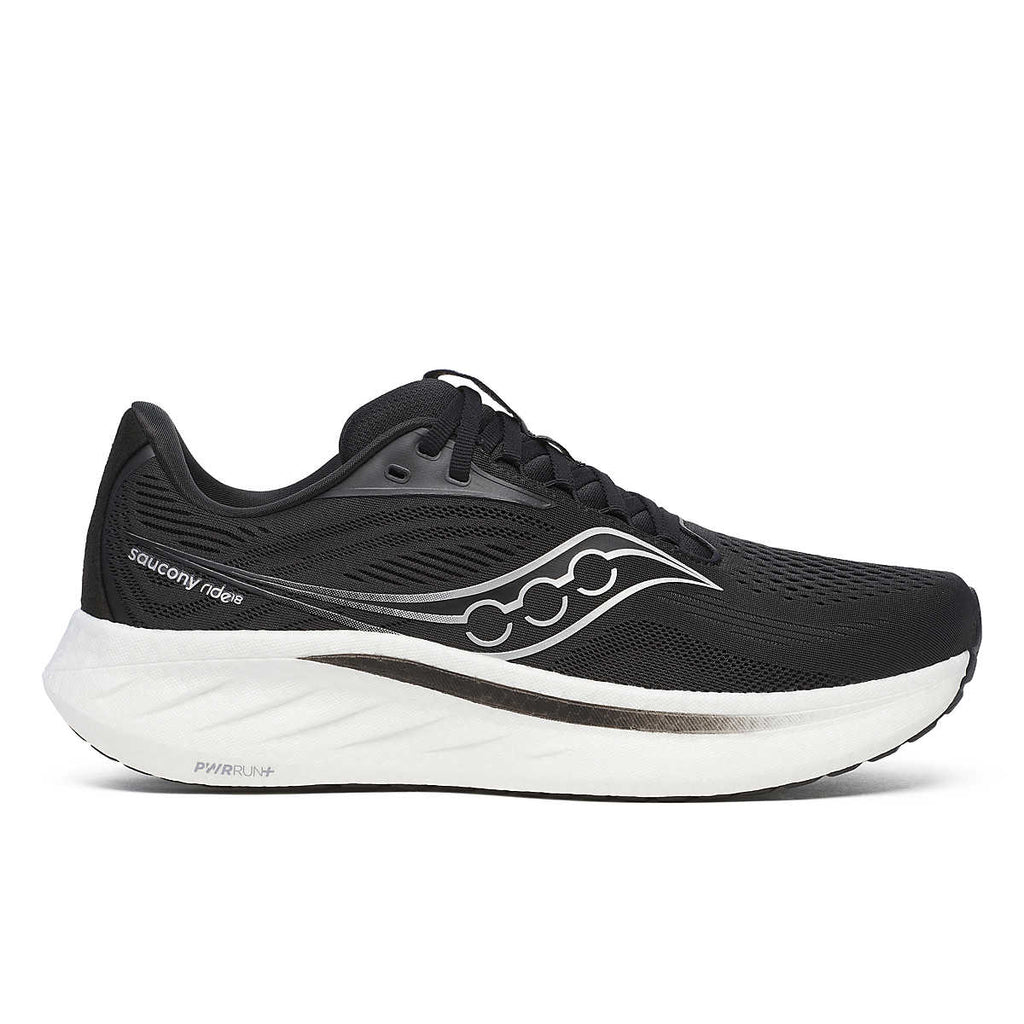 Men's Saucony Ride 18. Black upper. White midsole. Lateral view.