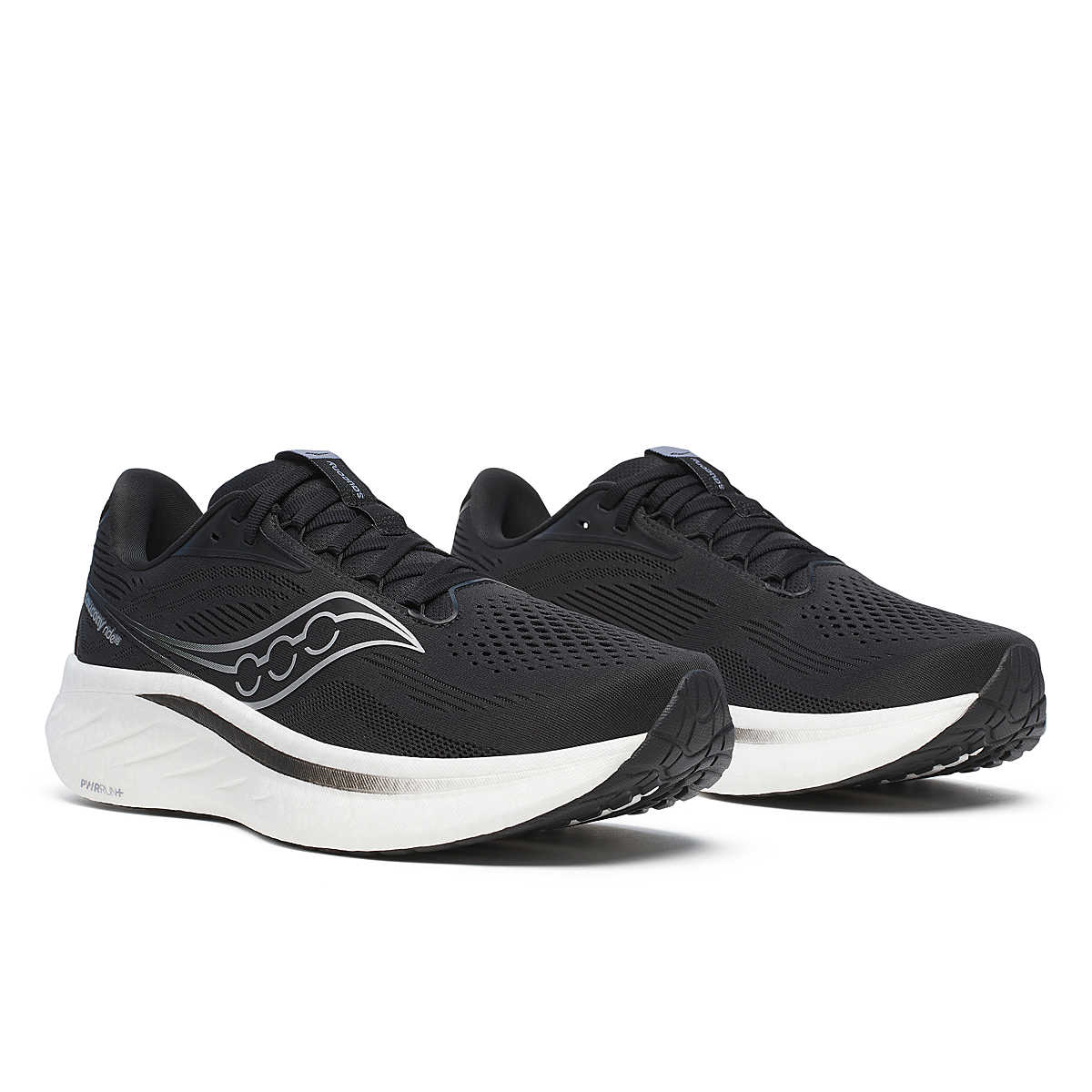 Men's Saucony Ride 18. Black upper. White midsole. Lateral view.