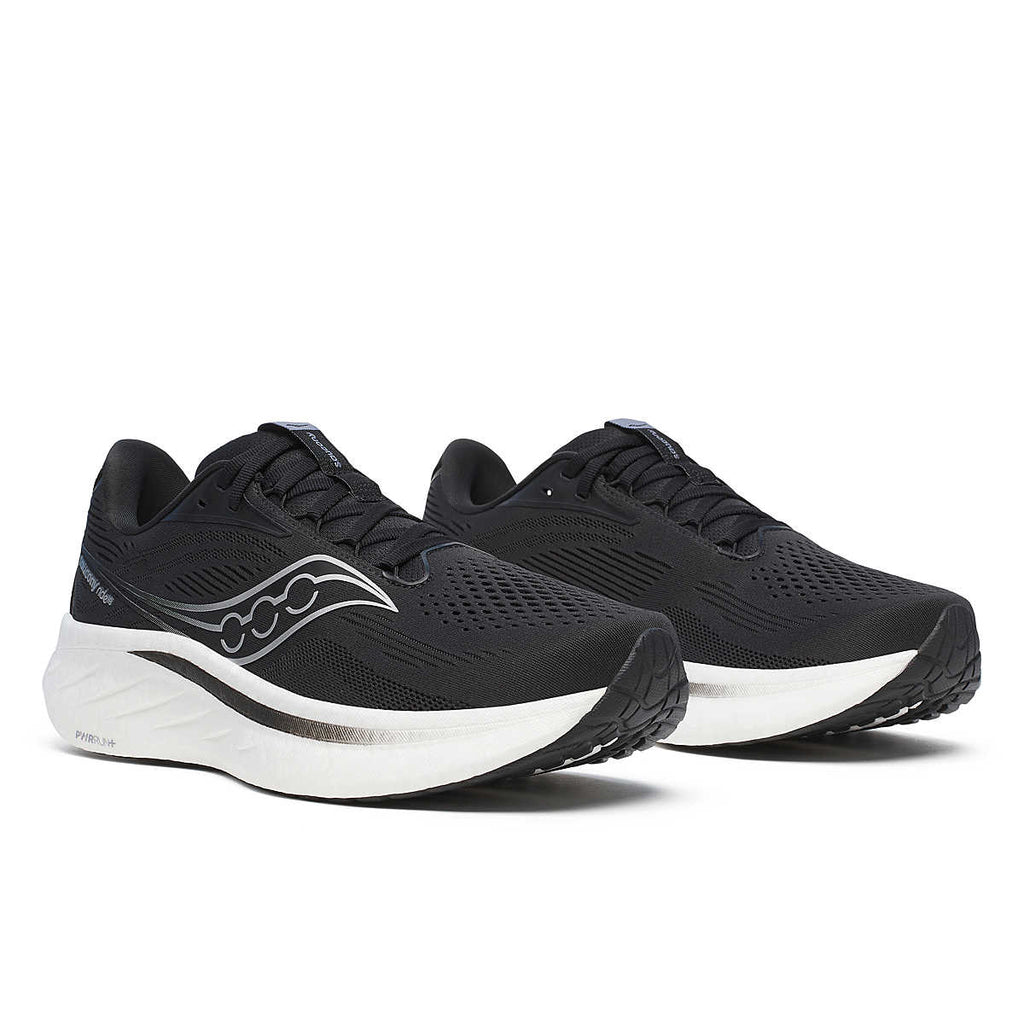 Men's Saucony Ride 18. Black upper. White midsole. Lateral view.