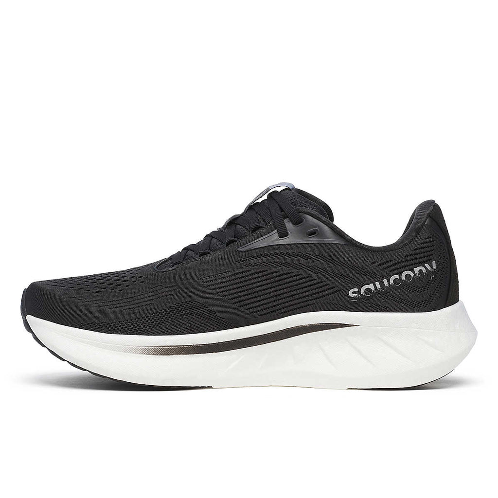 Men's Saucony Ride 18. Black upper. White midsole. Medial view.