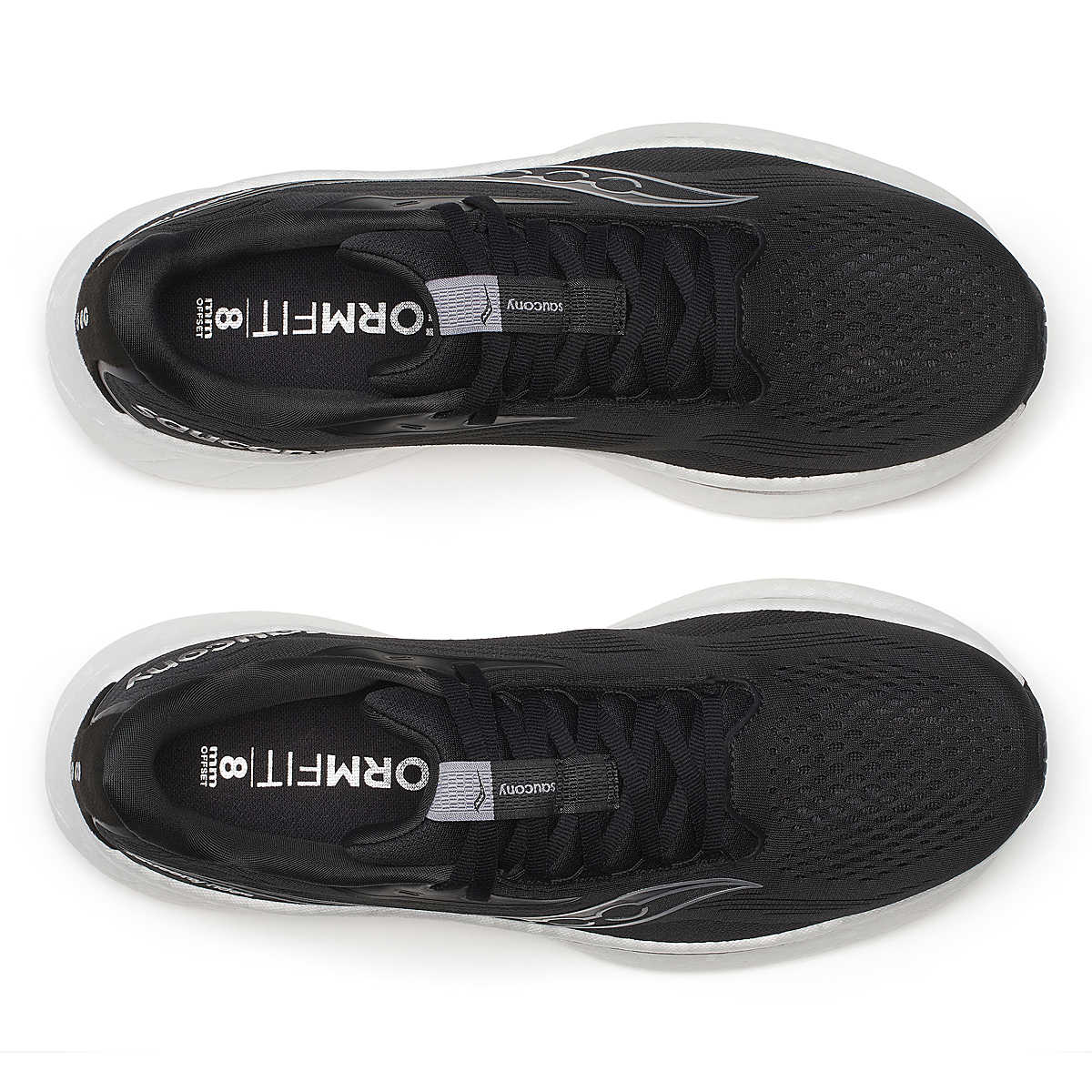 Men's Saucony Ride 18. Black upper. White midsole. Top view.