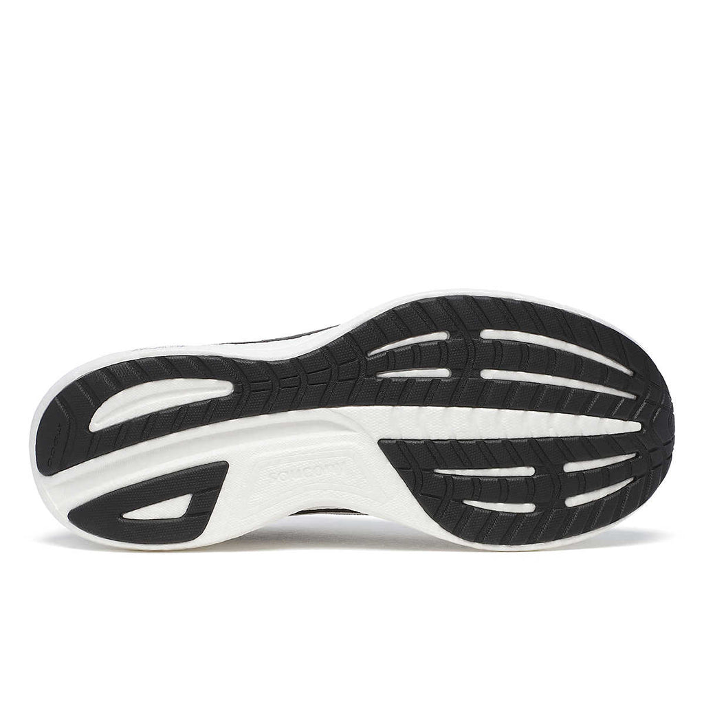 Men's Saucony Ride 18. Black upper. White midsole. Bottom view.