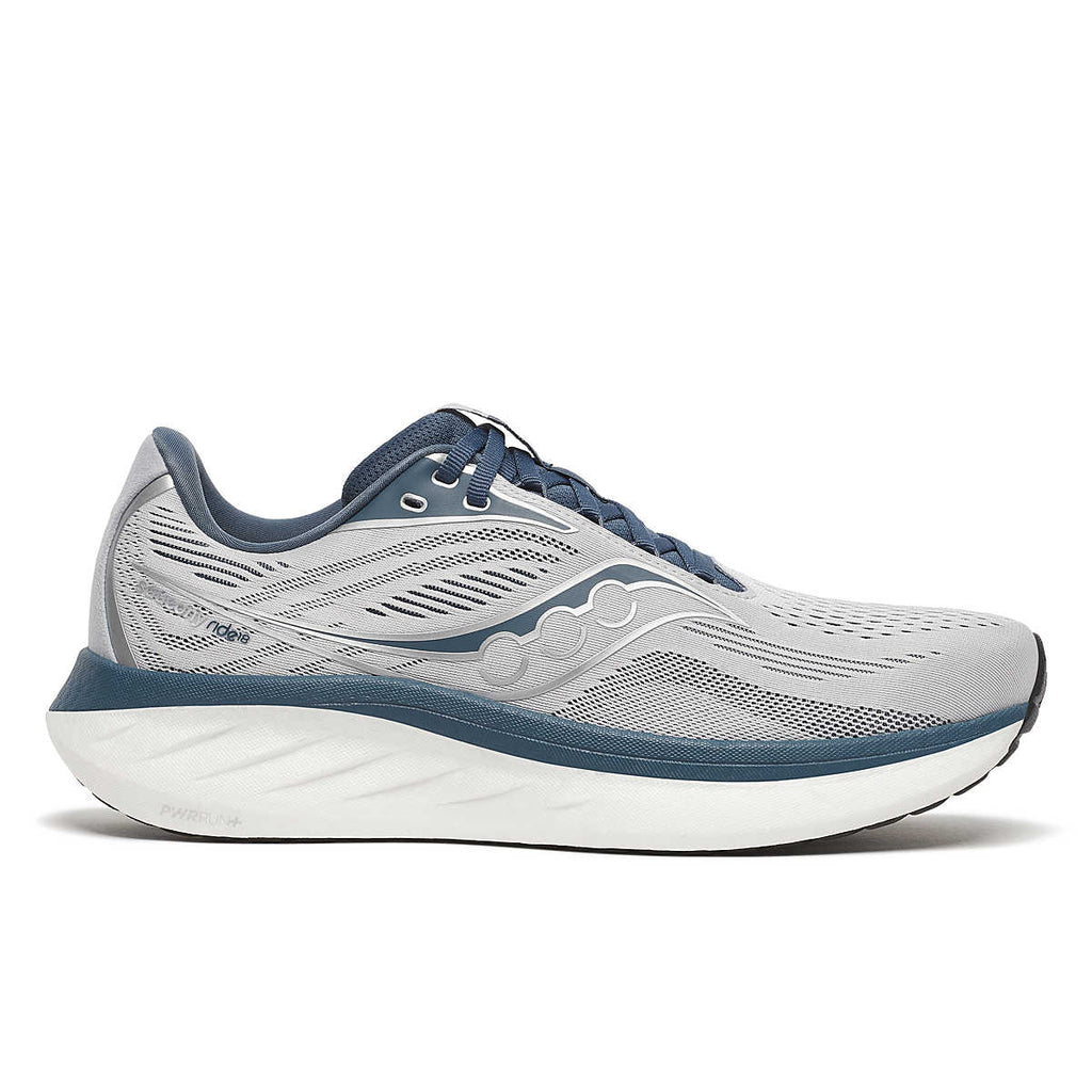 Men's Saucony Ride 18. Grey and blue upper. Blue and white midsole. Lateral view.