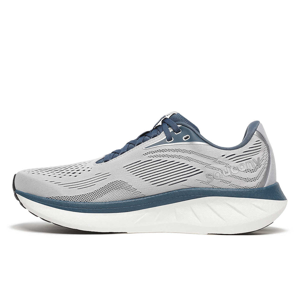 Men's Saucony Ride 18. Grey and blue upper. Blue and white midsole. Medial view.