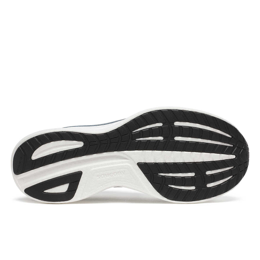 Men's Saucony Ride 18. Grey and blue upper. Blue and white midsole. Bottom view.