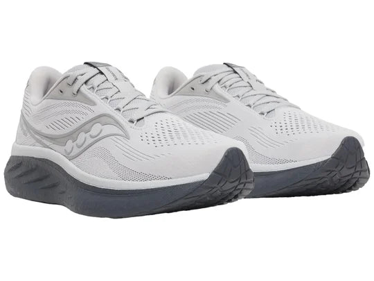 Men's Saucony Ride 18. White upper. Grey midsole. Lateral view.