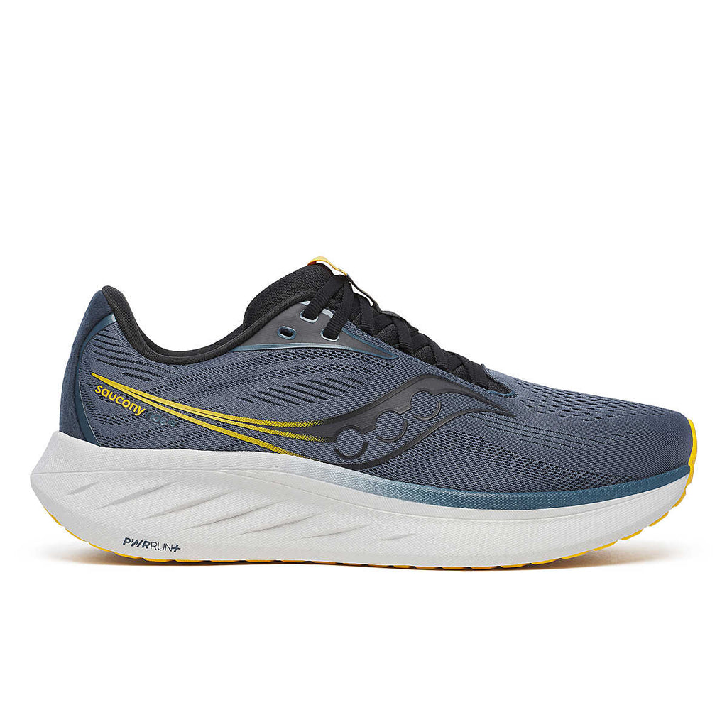 Men's Saucony Ride 18. Dark Grey/Blue upper. White midsole. Lateral view.