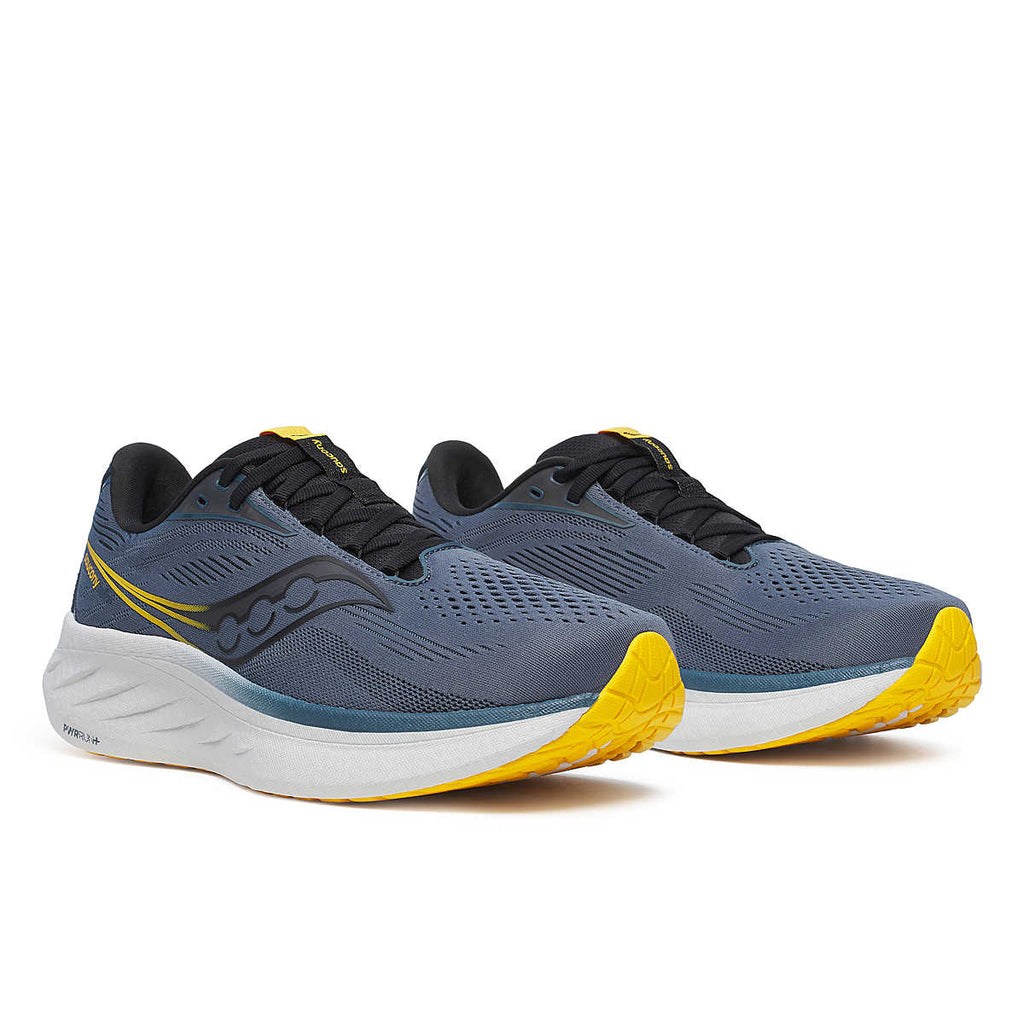 Men's Saucony Ride 18. Dark Grey/Blue upper. White midsole. Lateral view.