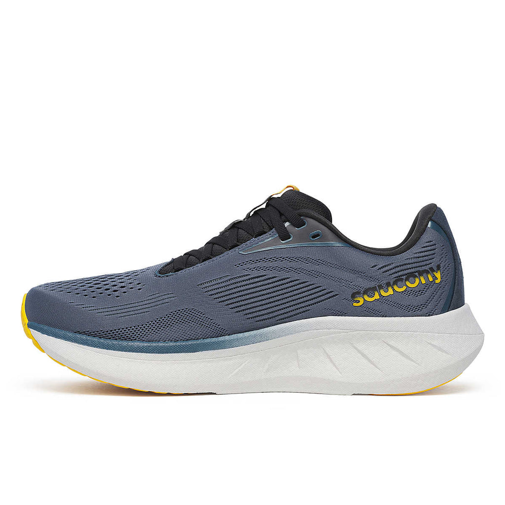 Men's Saucony Ride 18. Dark Grey/Blue upper. White midsole. Medial view.