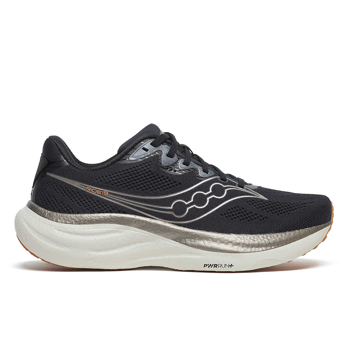 Men's Saucony Ride 19. Black upper. Gold and white midsole. Lateral view.