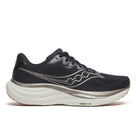 Men's Saucony Ride 19. Black upper. Gold and white midsole. Lateral view.