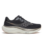 Men's Saucony Ride 19. Black upper. Gold and white midsole. Lateral view.