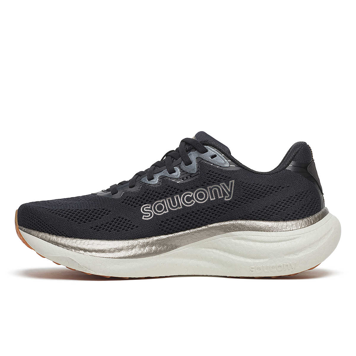 Men's Saucony Ride 19. Black upper. Gold and white midsole. Medial view.