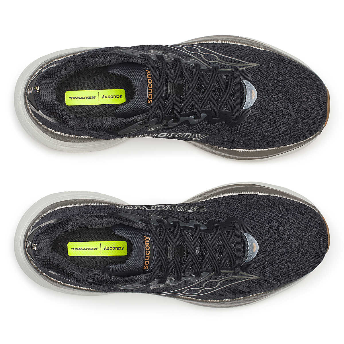 Men's Saucony Ride 19. Black upper. Gold and white midsole. Top view.