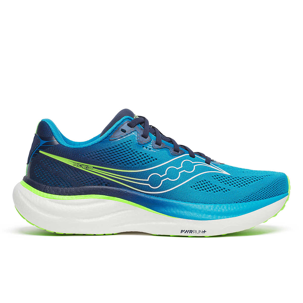 Men's Saucony Ride 19. Cobalt/Slime. Lateral view.