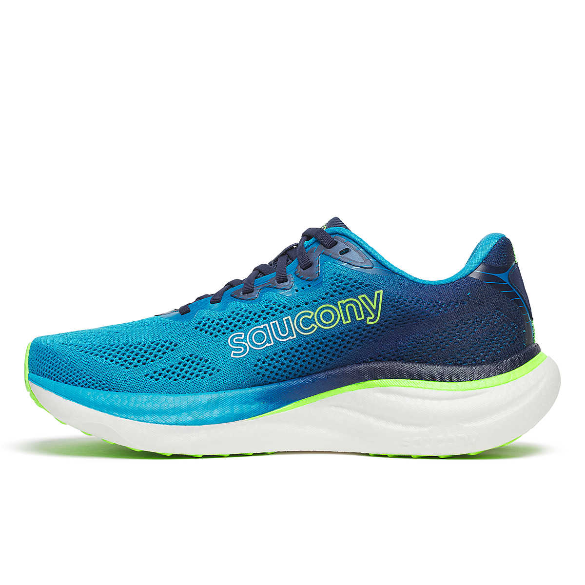 Men's Saucony Ride 19. Cobalt/Slime. Medial view.