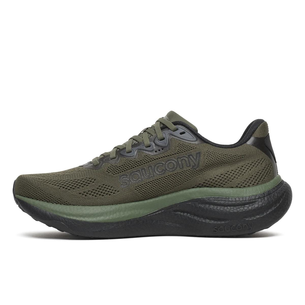 Men's Saucony Ride 19. Fatigue/Black. Medial view.