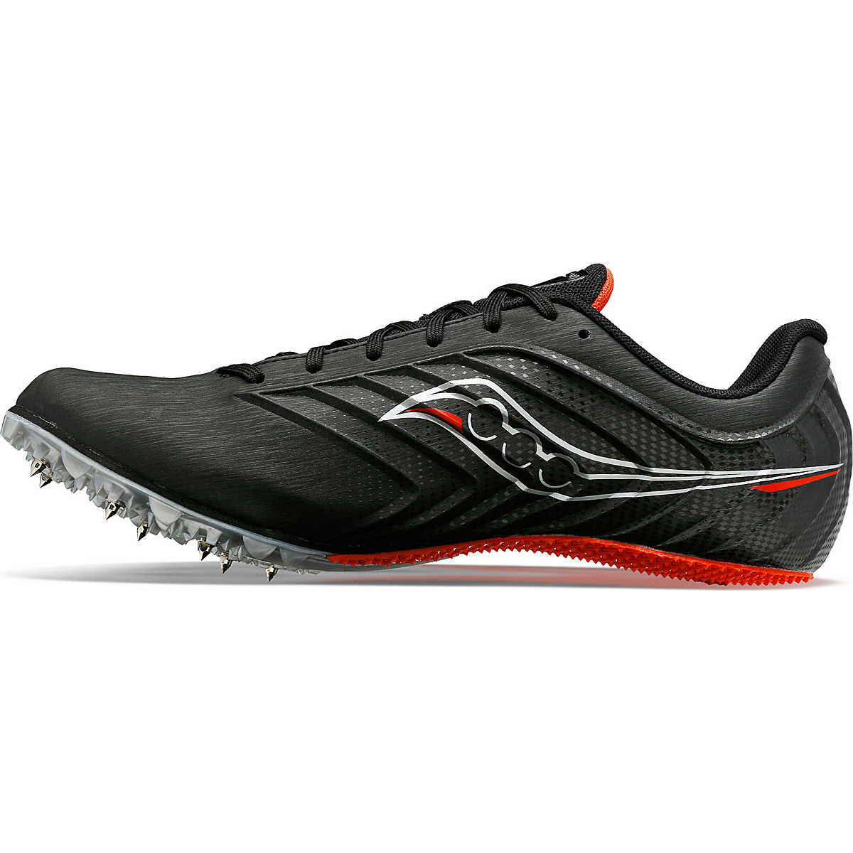 Men's Saucony Spitfire 5. Black/Infrared. Medial view.