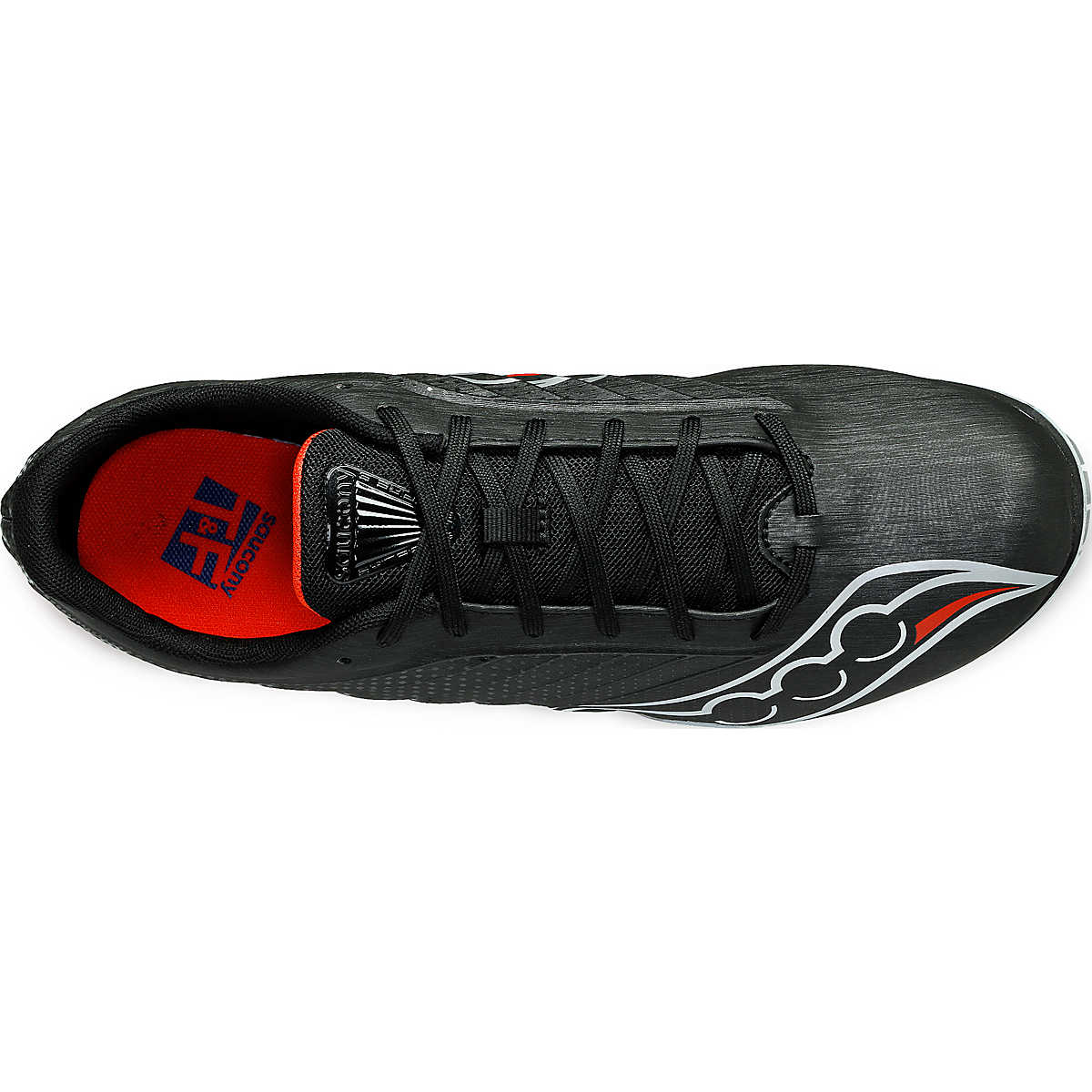 Men's Saucony Spitfire 5. Black/Infrared. Top view.