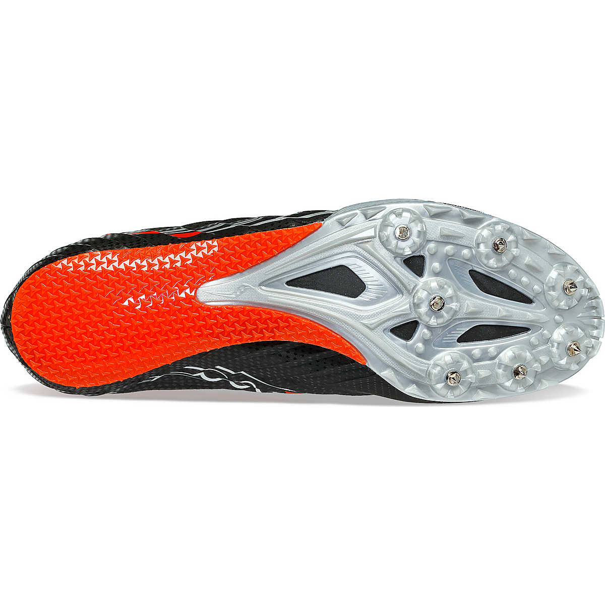 Men's Saucony Spitfire 5. Black/Infrared. Outsole view.