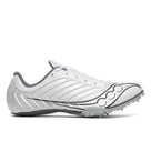 Men's Saucony Spitfire 5. White upper. Grey midsole. Lateral view.
