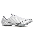 Men's Saucony Spitfire 5. White upper. Grey midsole. Lateral view.