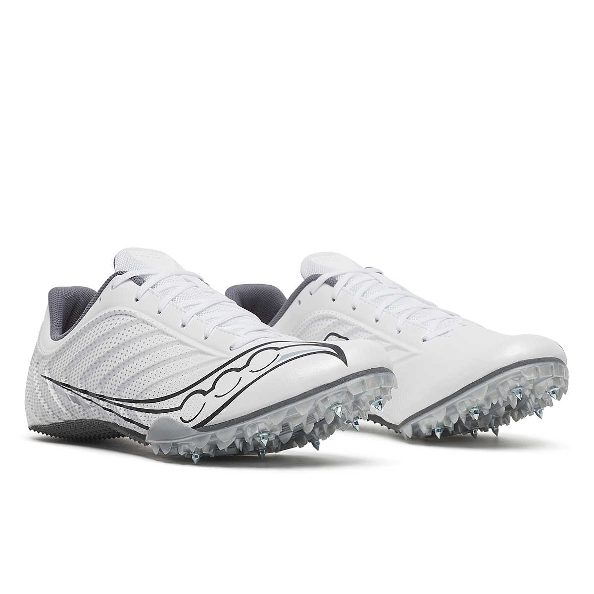 Men's Saucony Spitfire 5. White upper. Grey midsole. Lateral view.