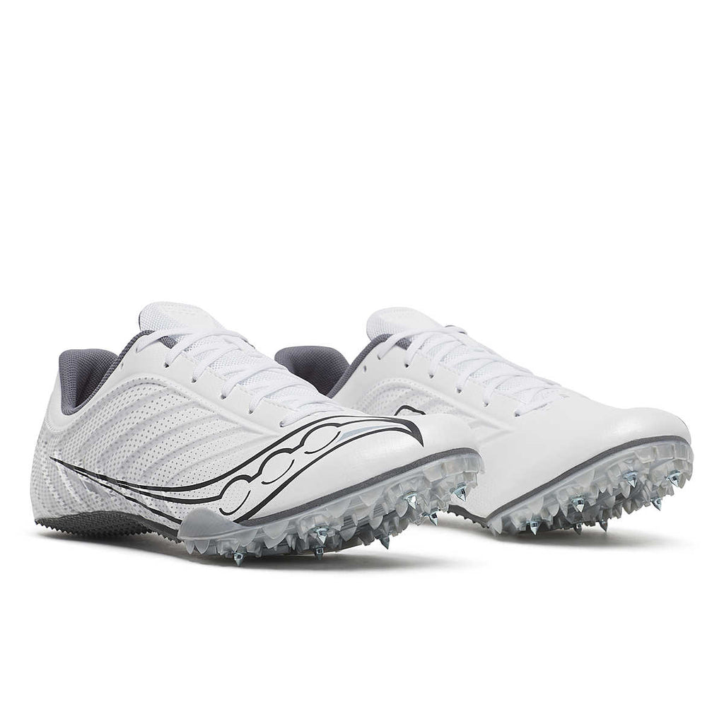Men's Saucony Spitfire 5. White upper. Grey midsole. Lateral view.