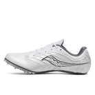 Men's Saucony Spitfire 5. White upper. Grey midsole. Medial view.