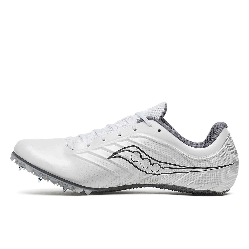 Men's Saucony Spitfire 5. White upper. Grey midsole. Medial view.