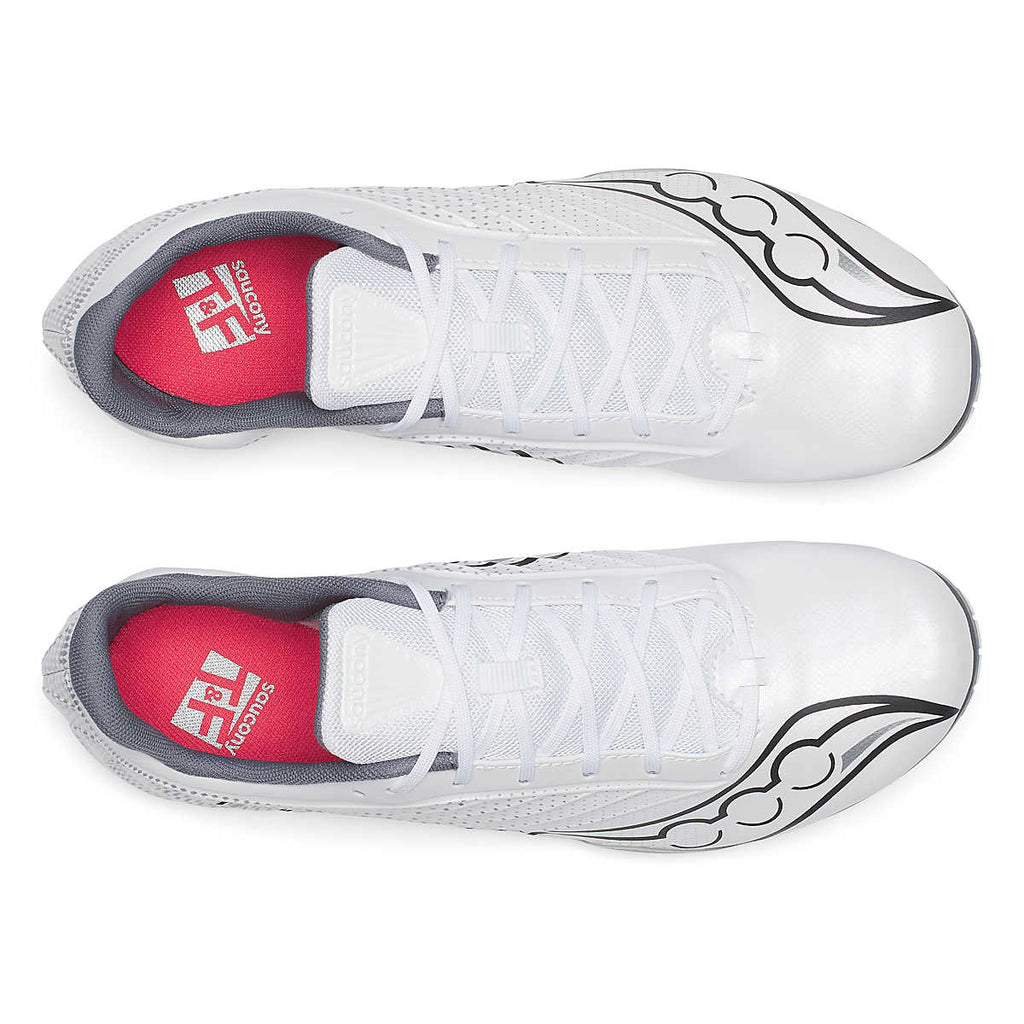 Men's Saucony Spitfire 5. White upper. Grey midsole. Top view.