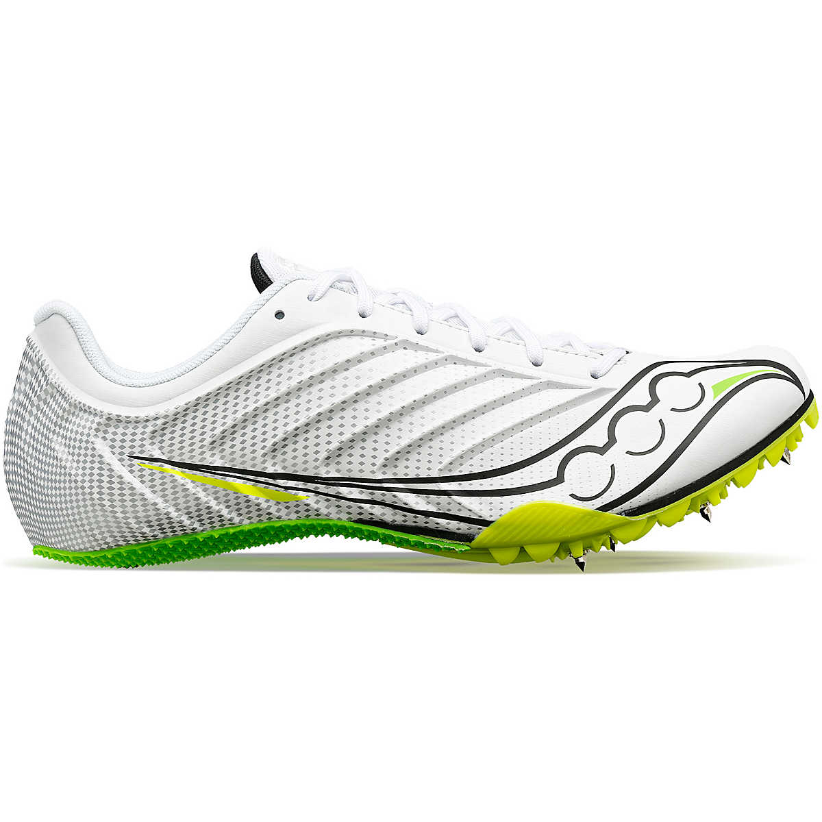 Men's Saucony Spitfire 5. White/Slime. Lateral view.