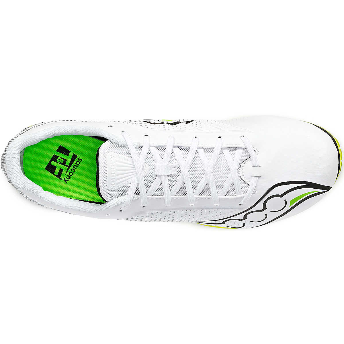 Men's Saucony Spitfire 5. White/Slime. Top view.