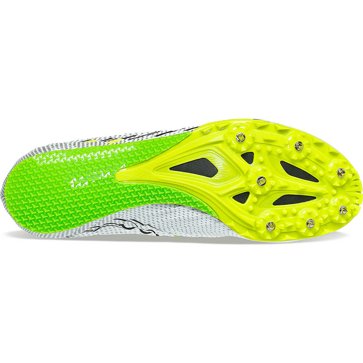 Men's Saucony Spitfire 5. White/Slime. Outsole view.