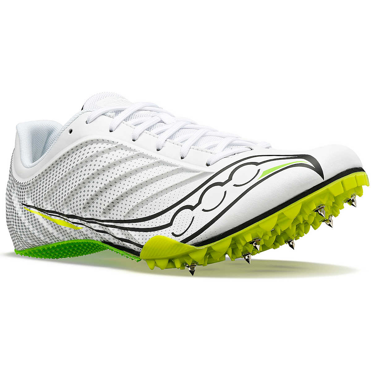 Men's Saucony Spitfire 5. White/Slime. Lateral view.